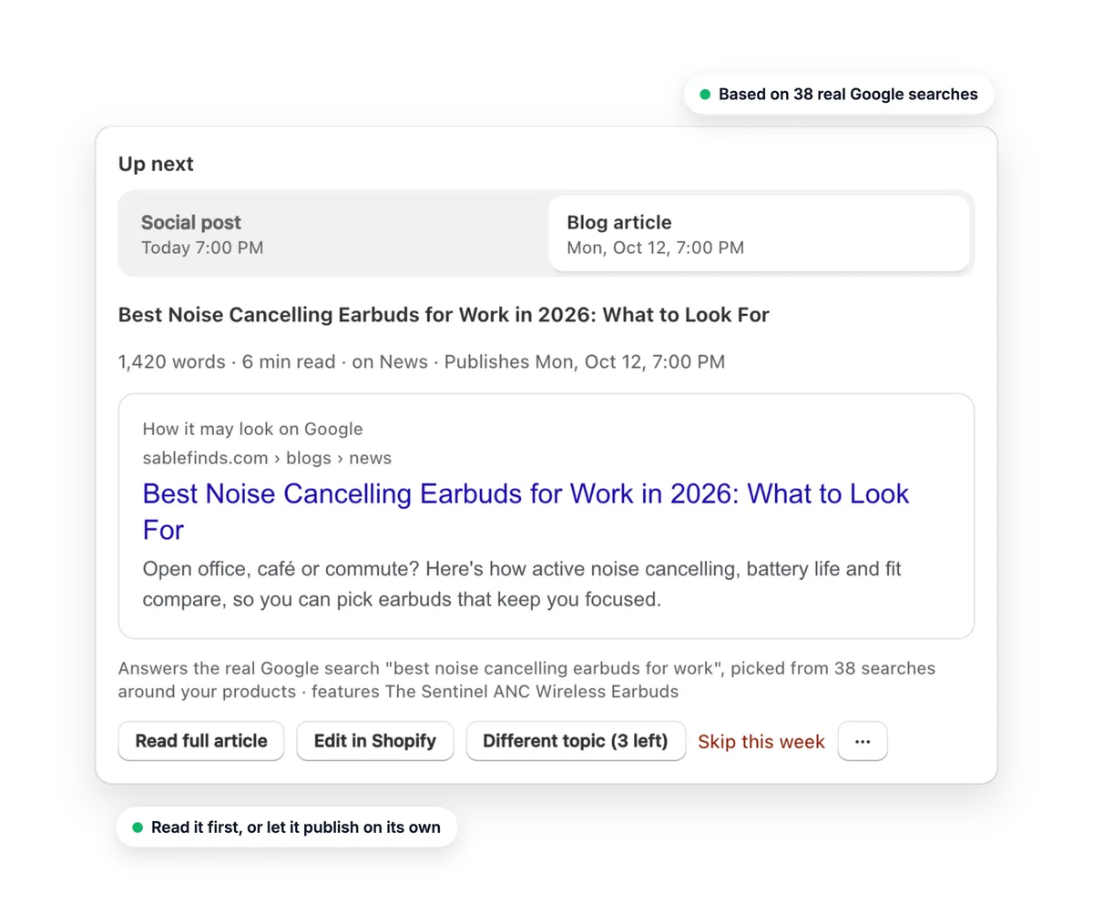 The next blog article with its Google search preview