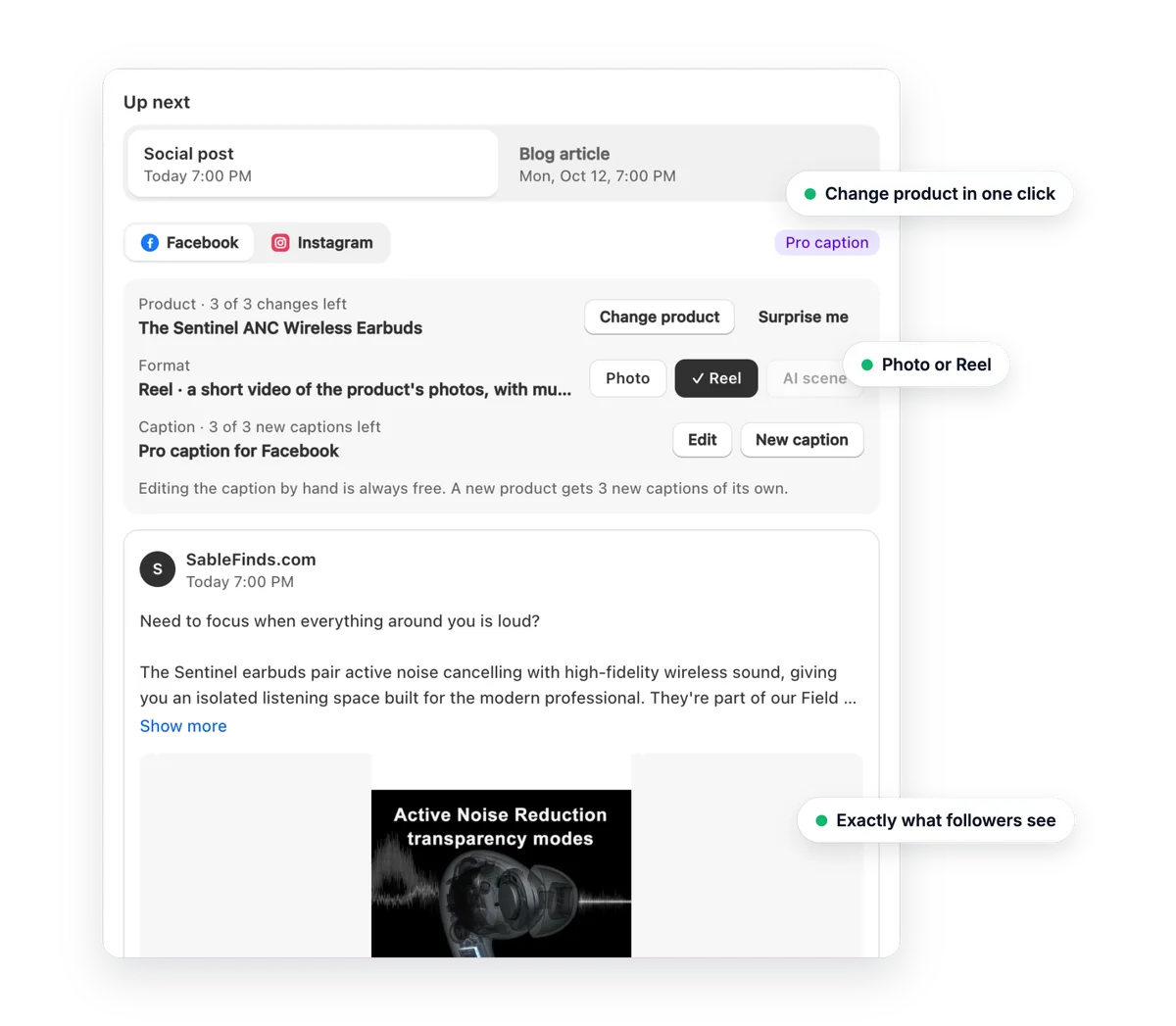 Up next: the next post with Change product, Photo or Reel and Edit caption