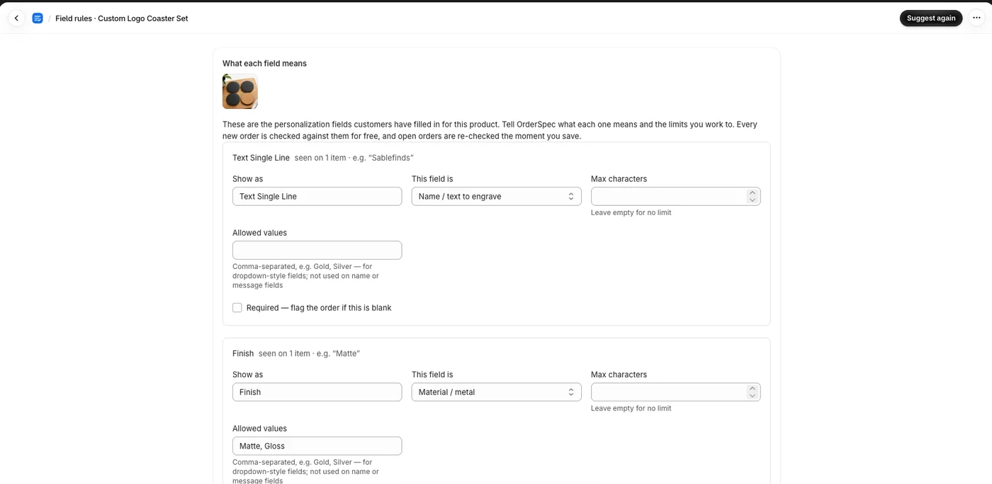 Field rules suggested from past orders: character limits, fonts and options